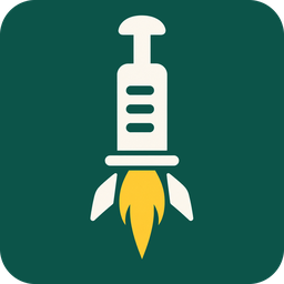 BOOSTER mark: a syringe that is also a rocket, gold flame below